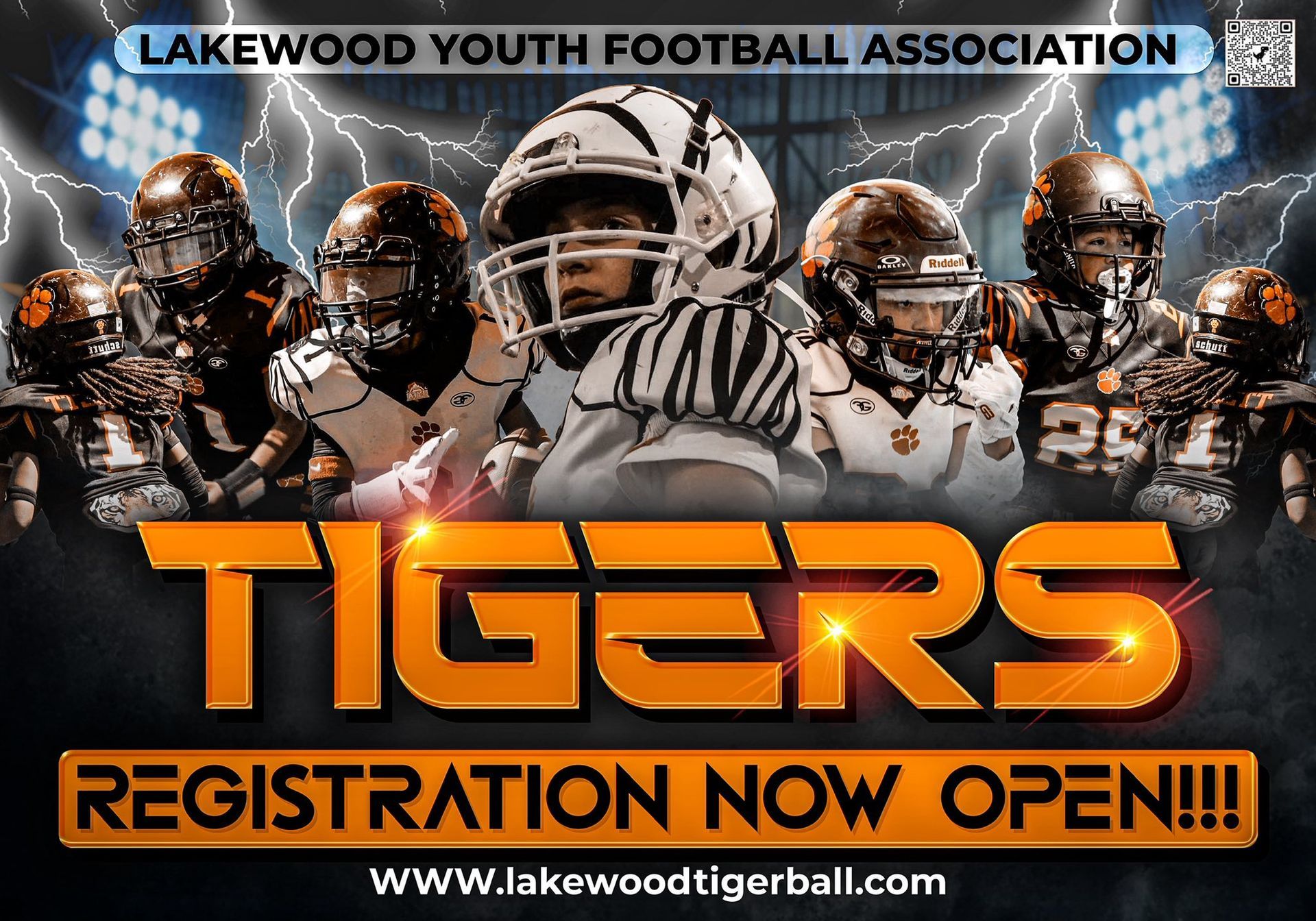 Lakewood Youth Football Association Tigers registration open poster with football players and orange text