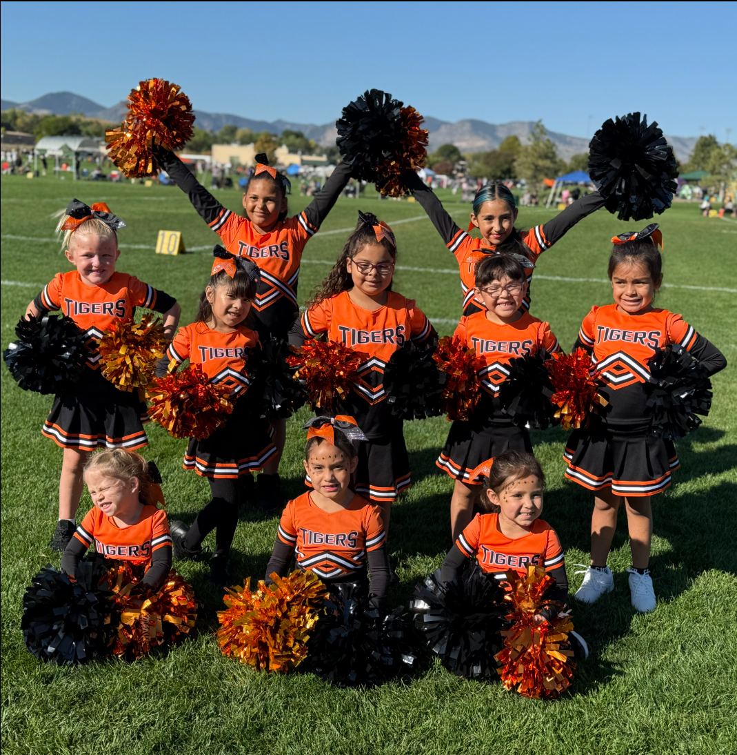 Youth cheerleading team in orange uniforms posing with pom-poms on a grassy field.