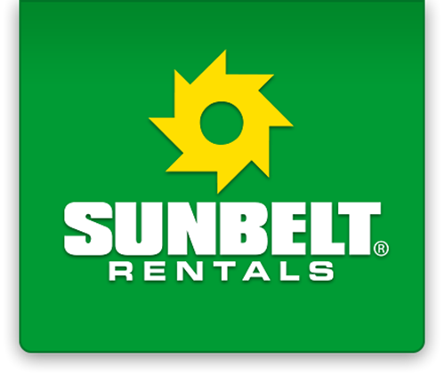 Sunbelt Rentals logo on green background with yellow sun icon and white text