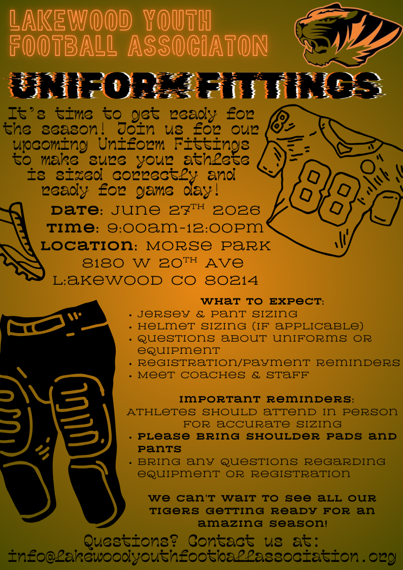 Orange flyer for Lakewood Youth Football Association uniform fittings with jersey, pants, and helmet details