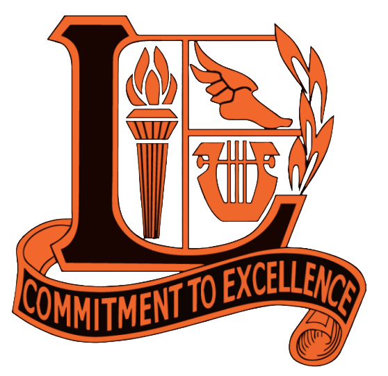 Orange and black crest with torch, hand, lyre, and banner reading “Commitment to Excellence”