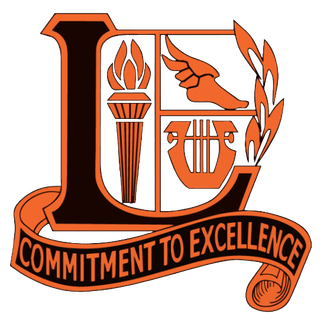 Orange and black crest with torch, hand, lyre, and banner reading “Commitment to Excellence”