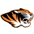 Stylized orange, black, and white tiger head logo snarling to the right