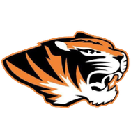 Stylized orange, black, and white tiger head logo snarling to the right