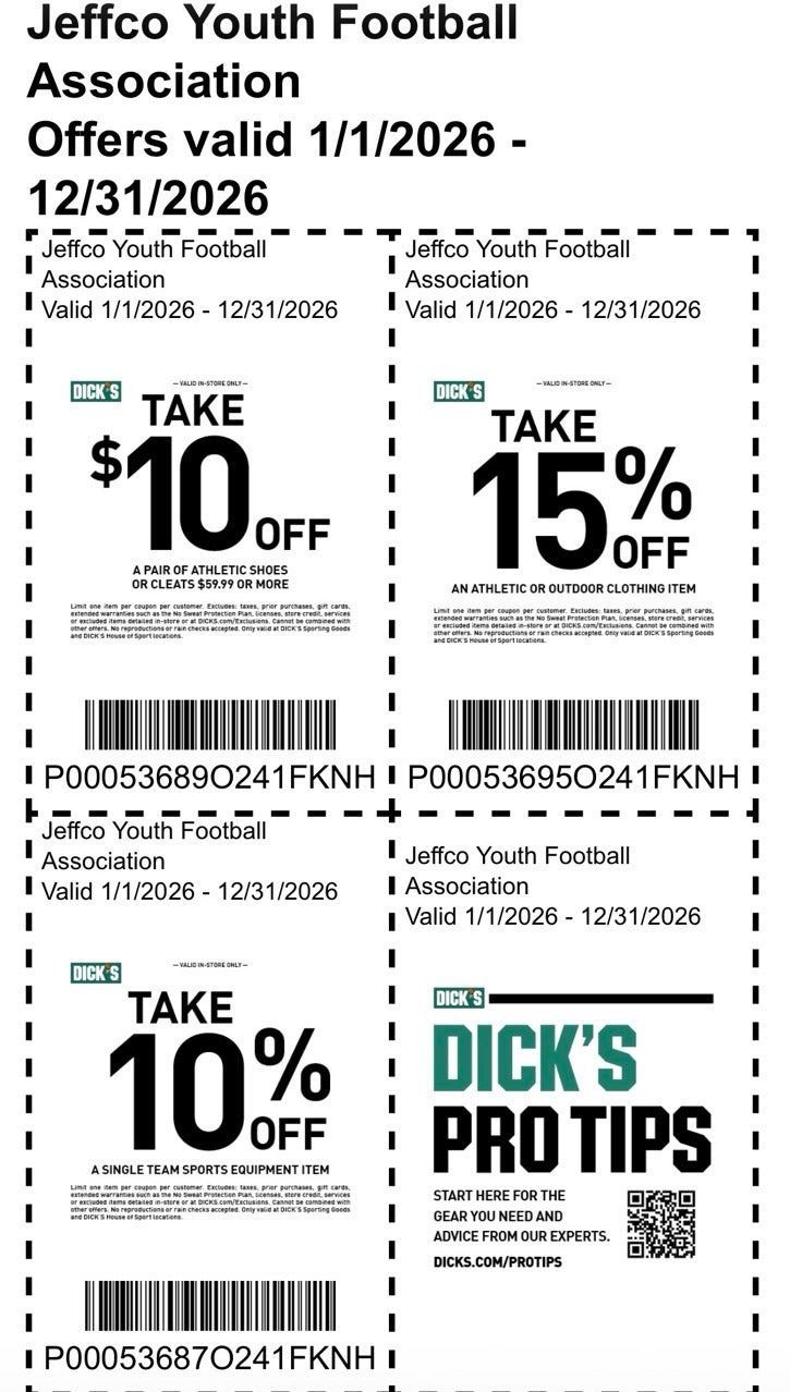 Jeffco Youth Football Association coupon flyer with $10, $15, and 10% off deals and Dick's Pro Tips logo