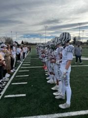 Football players in white uniforms lined up on a field facing a crowd under a cloudy sky
