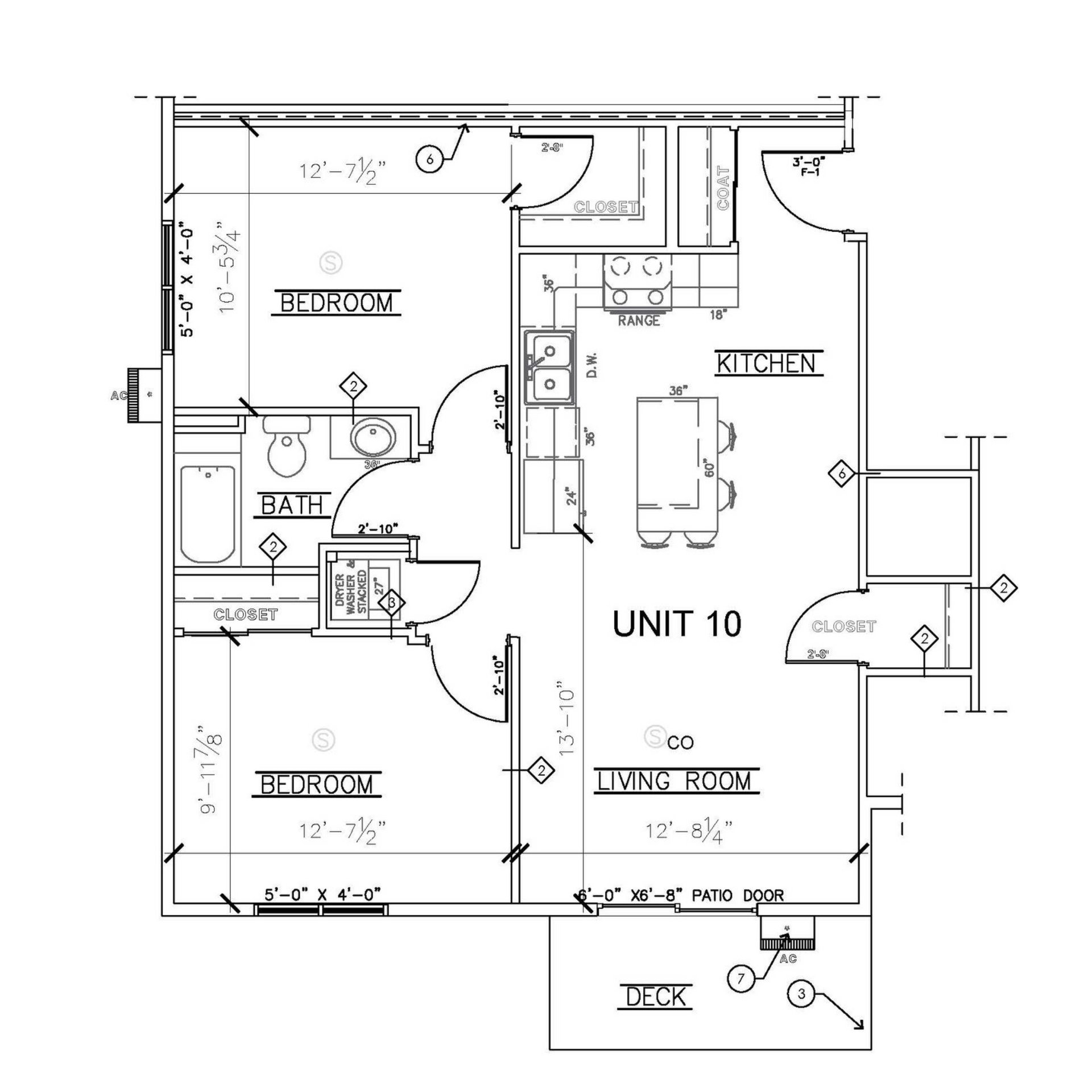 2 bed 1 bath Apartment floor plan for Unit 10 with two bedrooms, kitchen, bath, living room, and deck labeled.