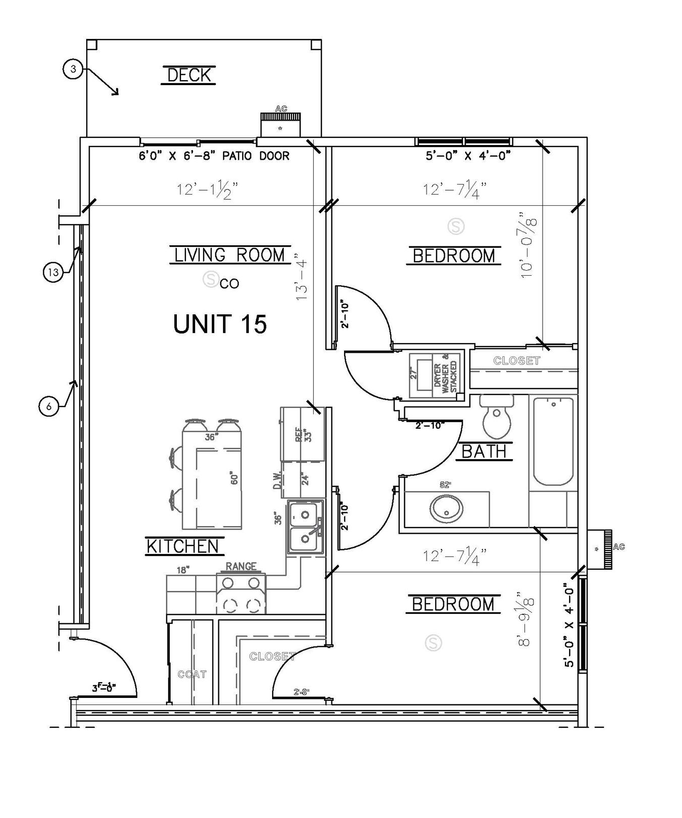  2 bed 1 bath Floor plan of Unit 15 apartment with kitchen, bath, bedroom, and living area labeled.