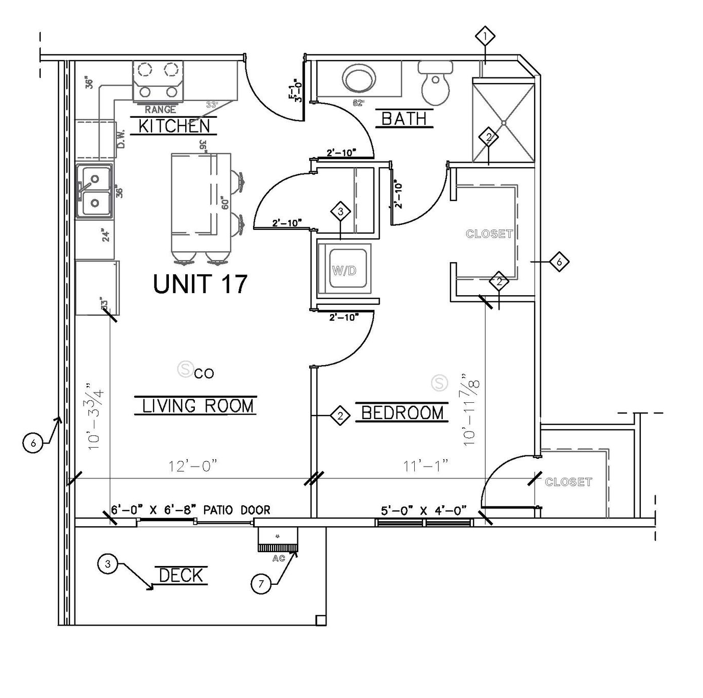 1 bed 1 bath  Floor plan for Unit 17 showing kitchen, bath, bedroom, dining room, deck, and entry.