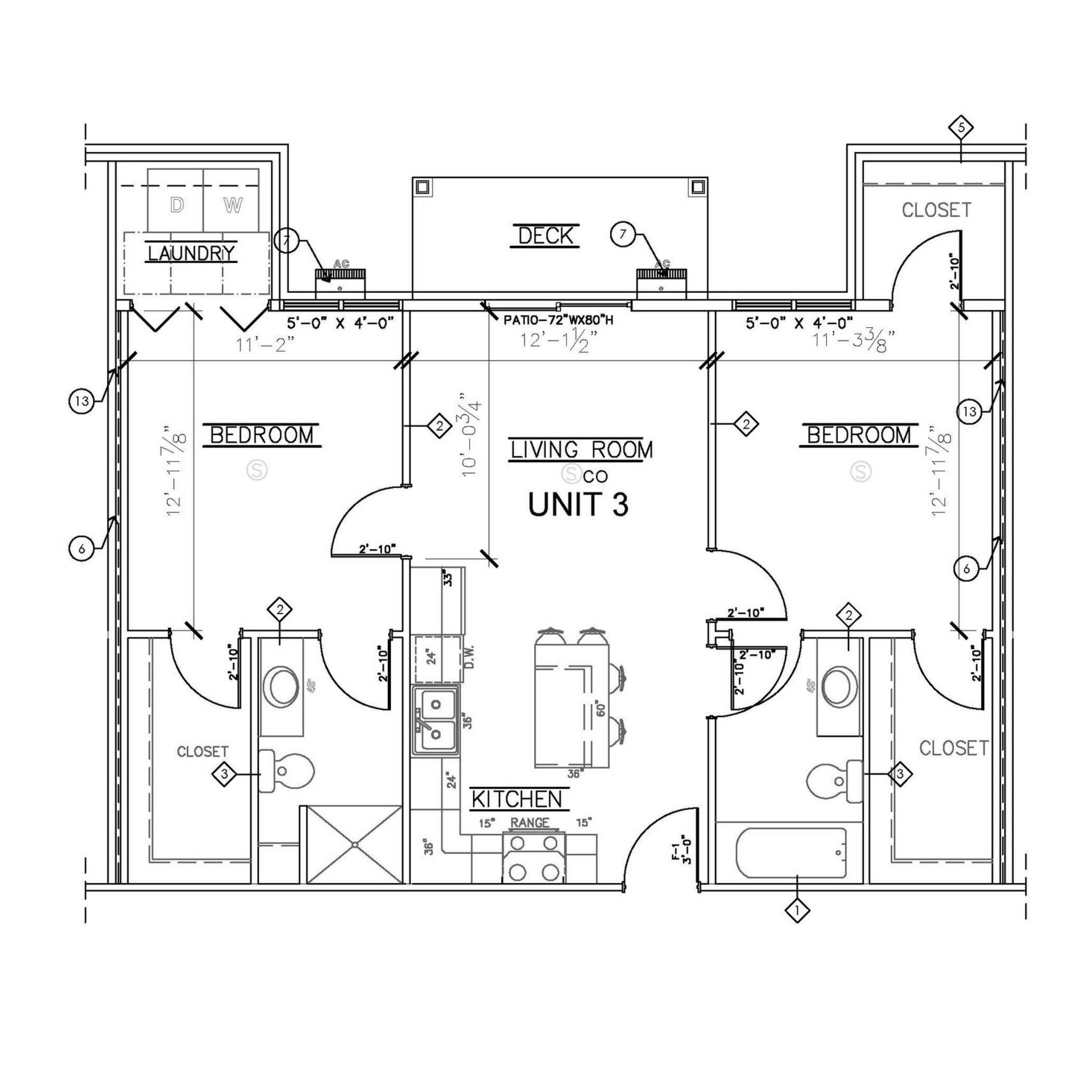 2 bed 2 bath Floor plan of Unit 3 apartment showing kitchen, living area, two bedrooms, and two bathrooms.