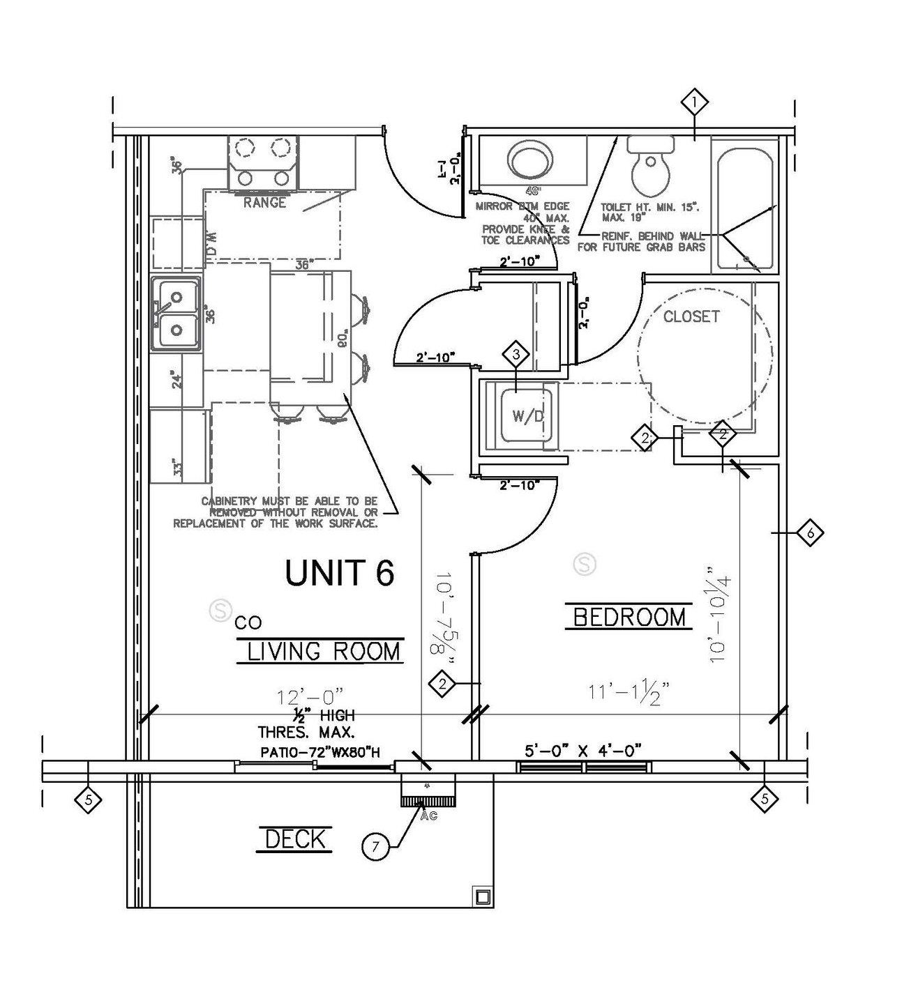 1 bed 1 bath Floor plan of Unit 5 apartment with living room, bedroom, kitchen, bath, and deck.