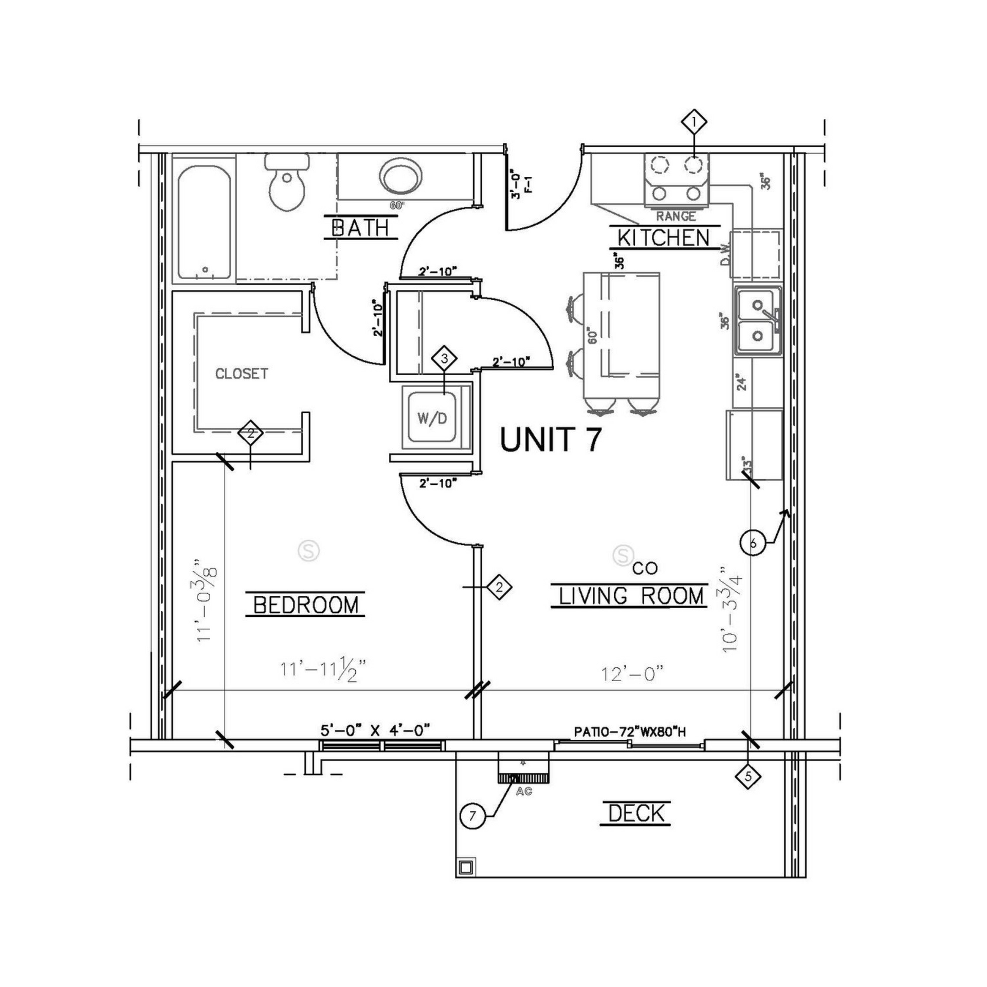 1 bed 1 bath  Apartment floor plan with kitchen, bathroom, living room, bedroom, closet, and deck labeled Unit 7