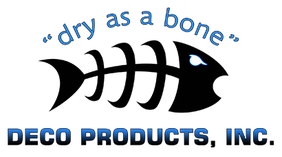 DECO PRODUCTS, INC. logo with black fish skeleton and “dry as a bone” text