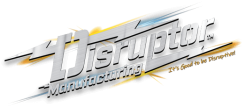 Disruptor Manufacturing logo with metallic 3D text and gold tagline on a white background