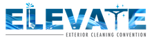 Elevate exterior cleaning convention logo in blue and gray with a stylized building and sparkle accents
