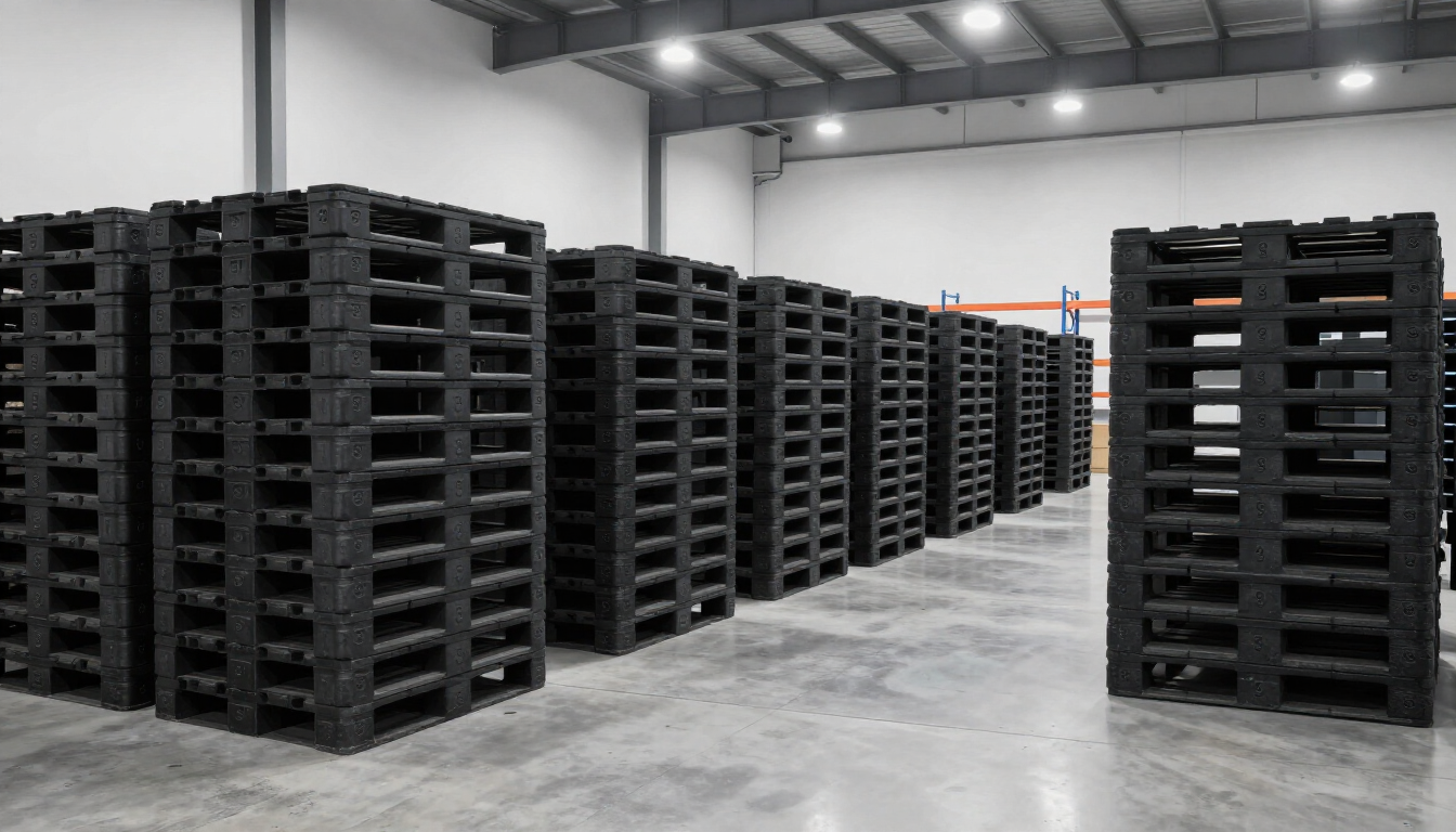 Stacks of industrial 43x43 plastic pallets in a Houston warehouse.