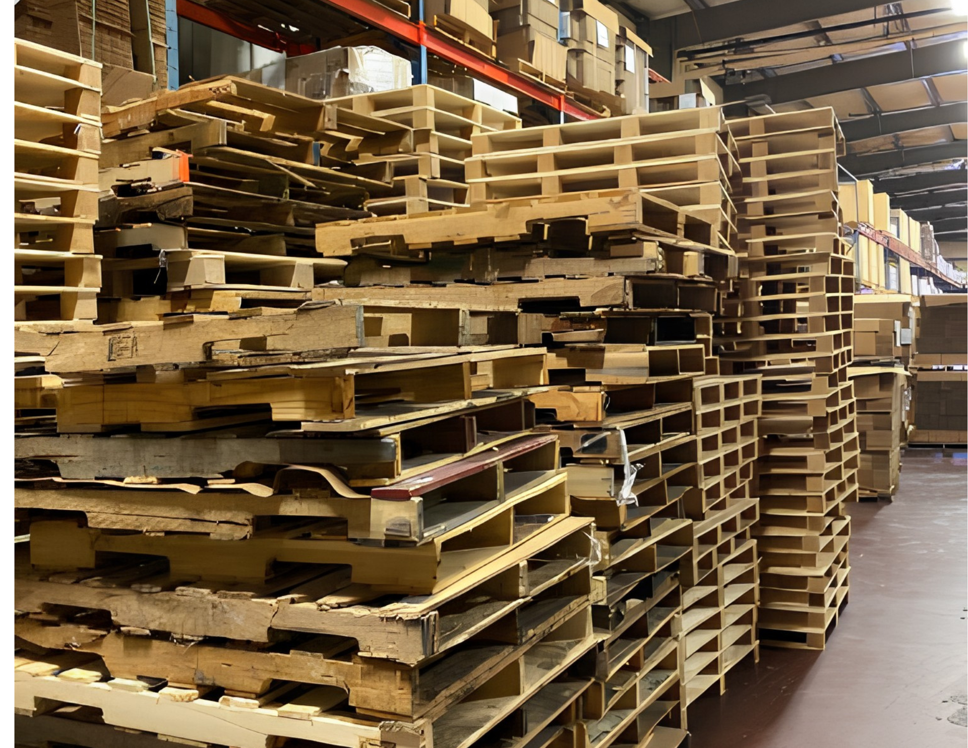 Stacked wooden pallets forming a tall cube in an outdoor industrial yard