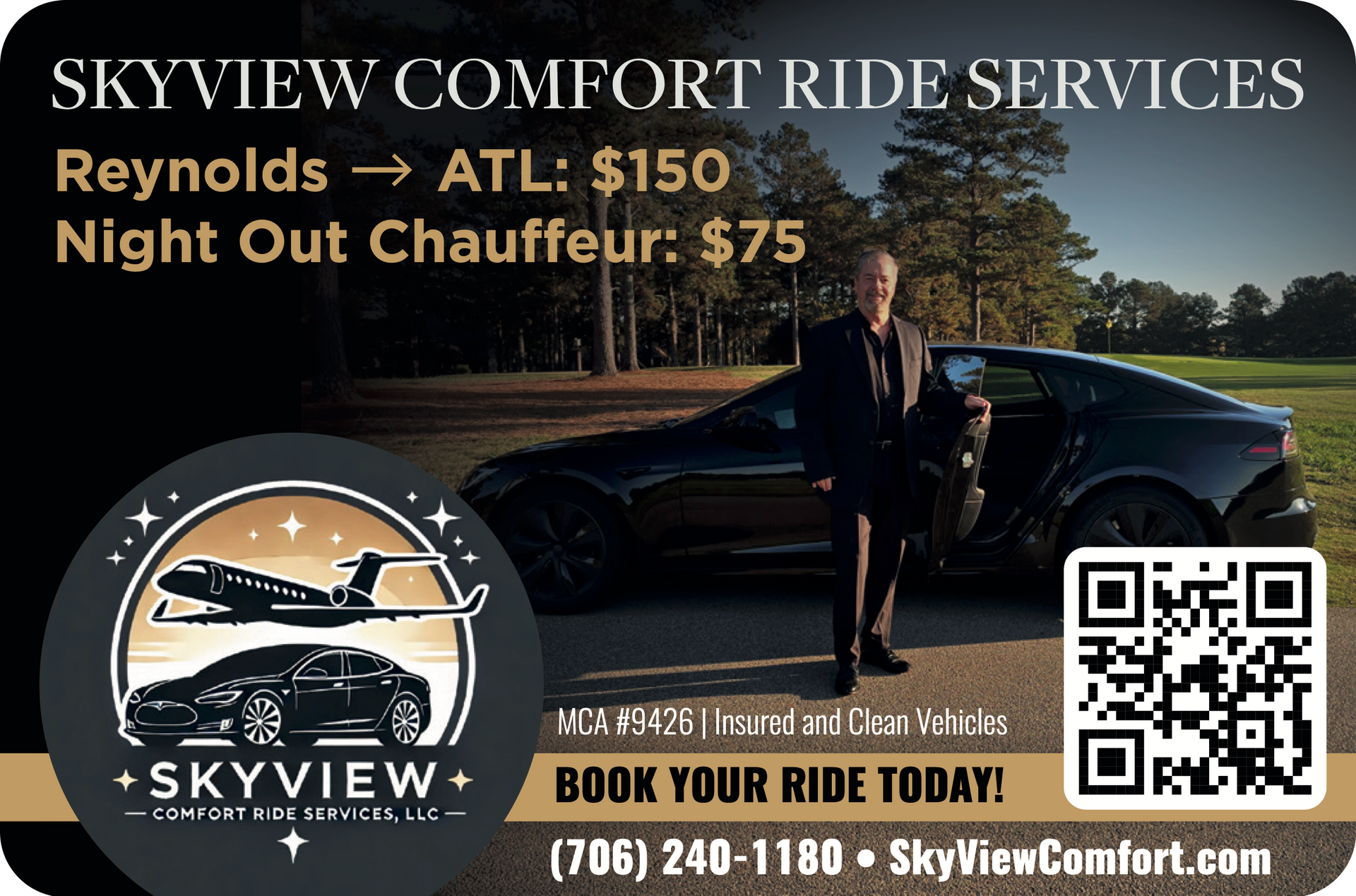 Luxury Black Car and Limo company business card for SkyView Comfort