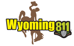 Wyoming811 logo with yellow text, brown cowboy silhouette, and green book icon