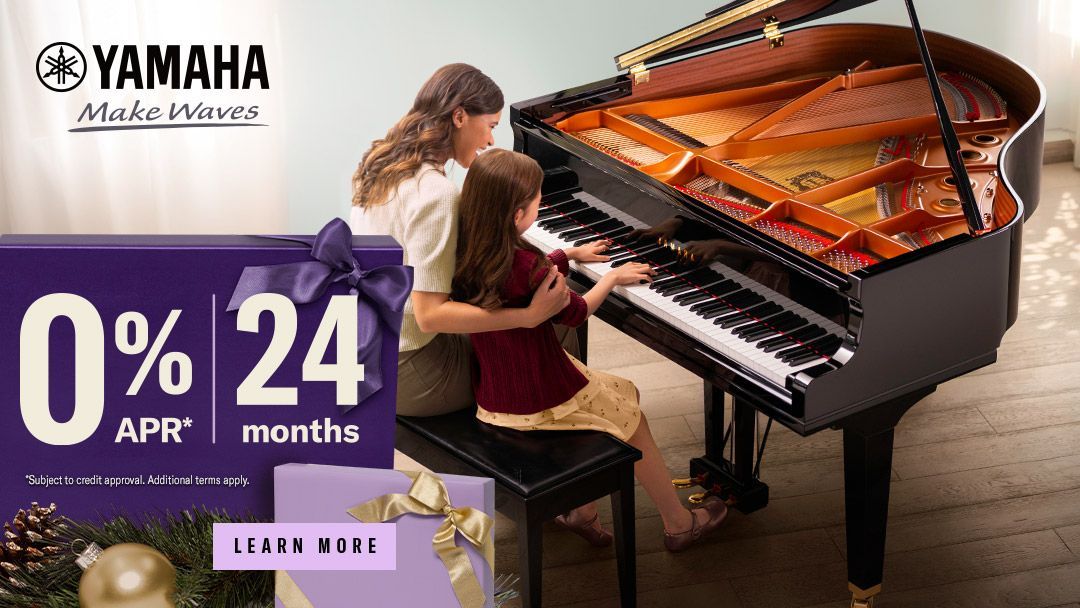 Yamaha piano ad with hands playing keys and “0% APR” and “24 months” financing offer