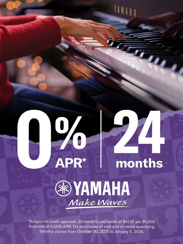 Yamaha piano ad with hands playing keys and “0% APR” and “24 months” financing offer