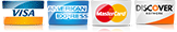 Visa, American Express, MasterCard, and Discover credit card logos on a white background