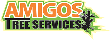 Amigos Tree Services logo in orange and green with a black tree silhouette