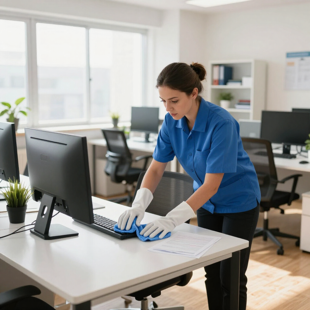 Office worker in blue shirt cleaning a desk with gloves in a bright modern office