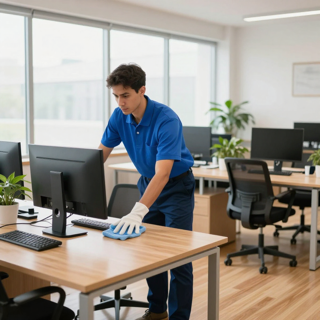 Person cleaning a desk in a bright office with computers and chairs