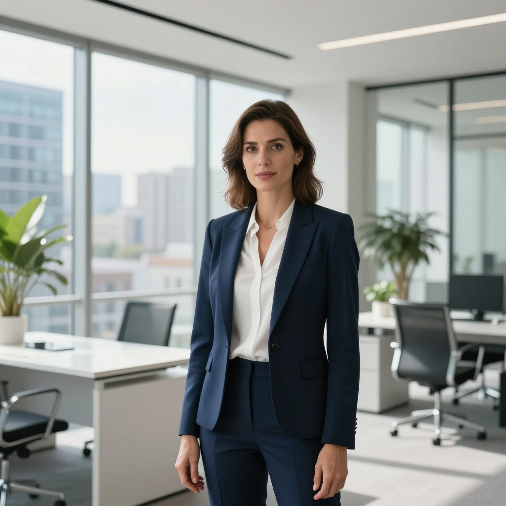 Woman in a navy suit standing in a bright modern office with desks and city windows.