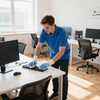 Man cleaning a desk in a bright office, wearing blue gloves and a blue shirt.