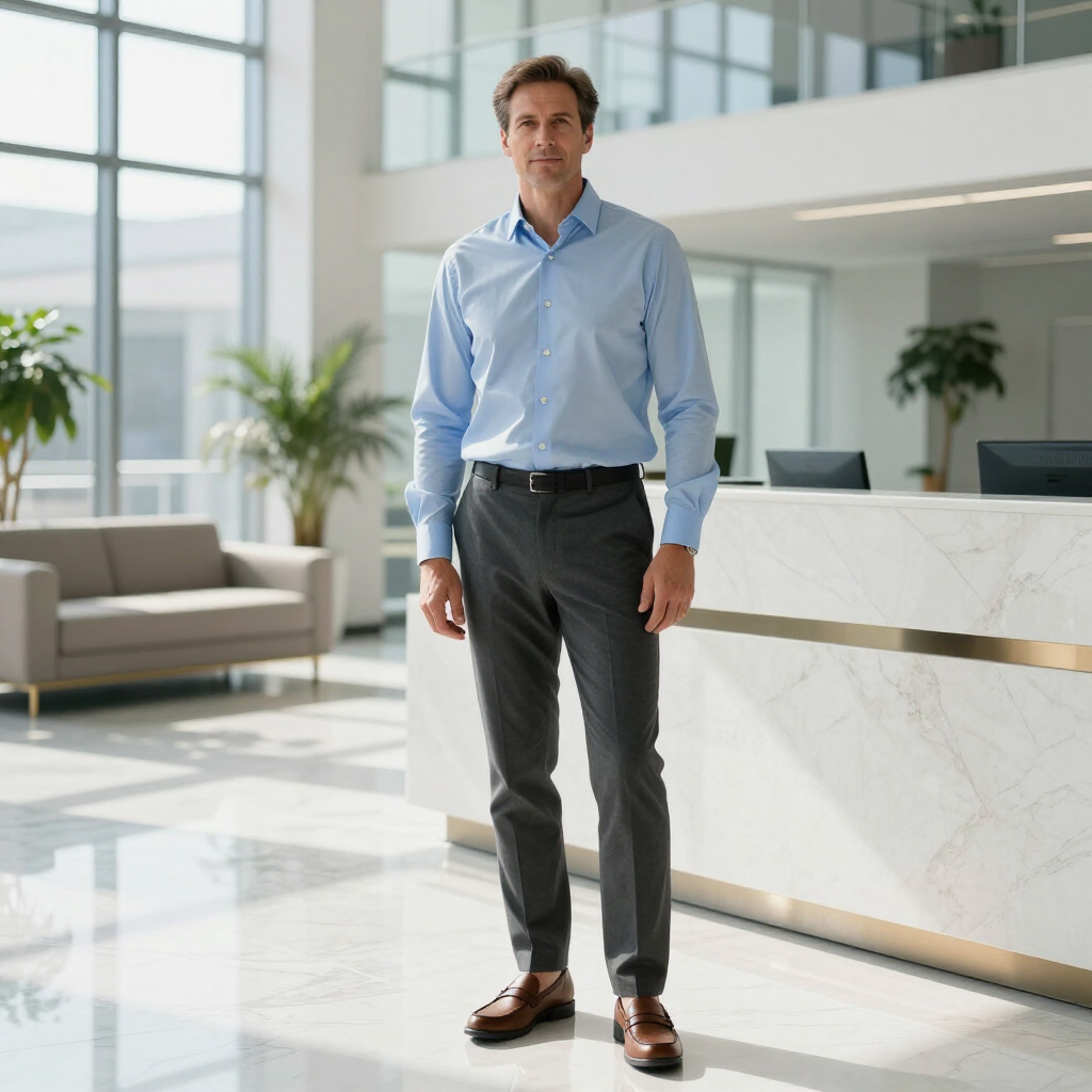 Man standing in a bright modern lobby near a marble reception desk, wearing a light blue shirt and dark slacks.