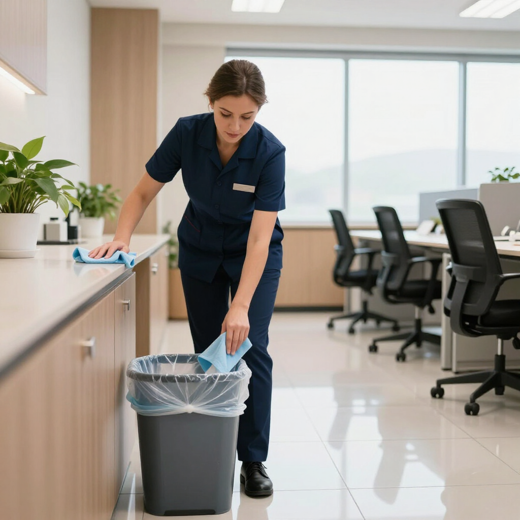 Office cleaner emptying trash into a bin in a bright, modern office