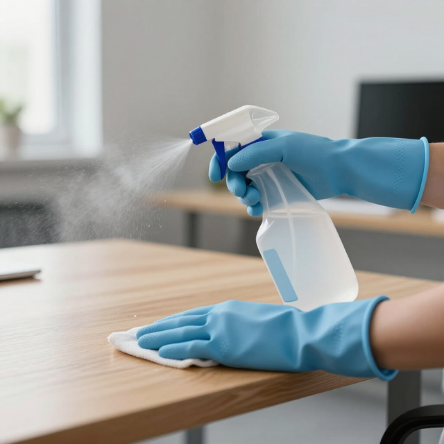 Gloved hands spray disinfectant onto a wooden table in a bright room.