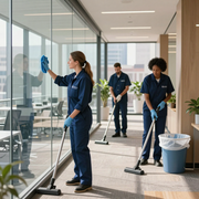 Janitors cleaning a modern office hallway with mops, a glass wall, and a trash bin
