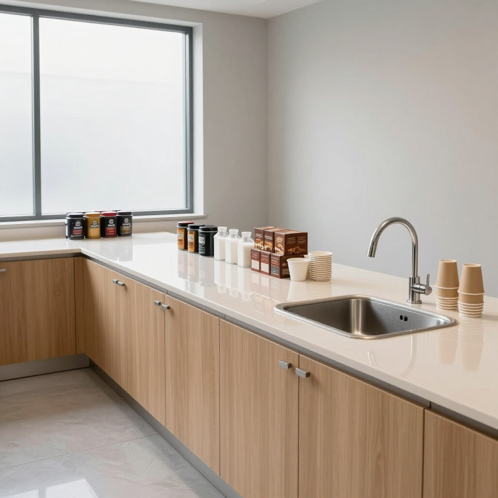 Modern kitchen with light wood cabinets, white counters, sink, and condiments by a large window