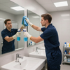 Two janitors cleaning a restroom mirror and sink with spray bottles and cloths