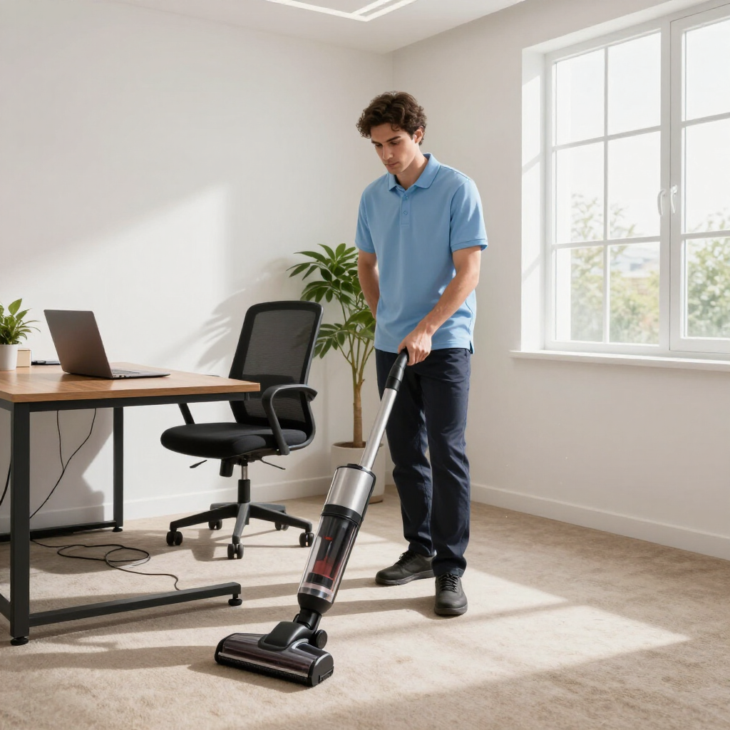 Man vacuuming a sunlit office carpet beside a desk, chair, and window.