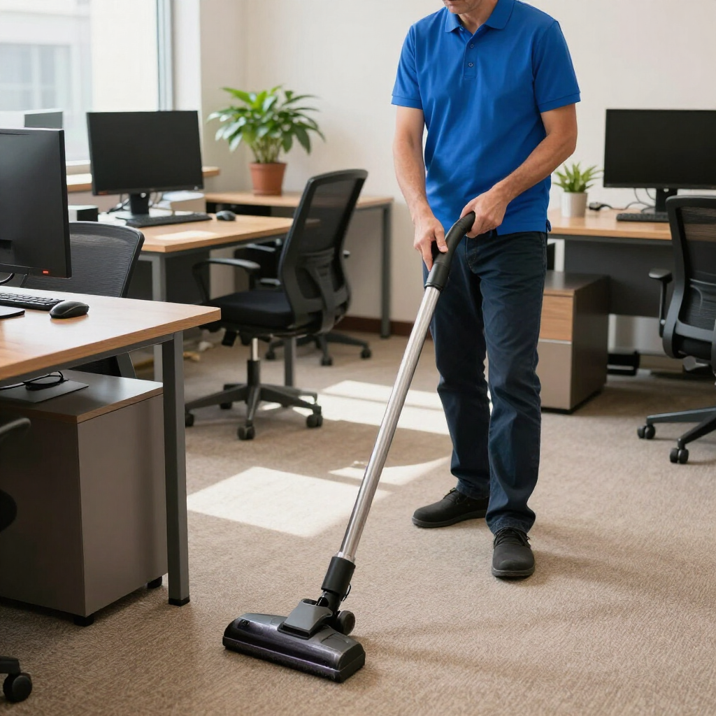 Person vacuuming a carpeted office with desks and computer monitors
