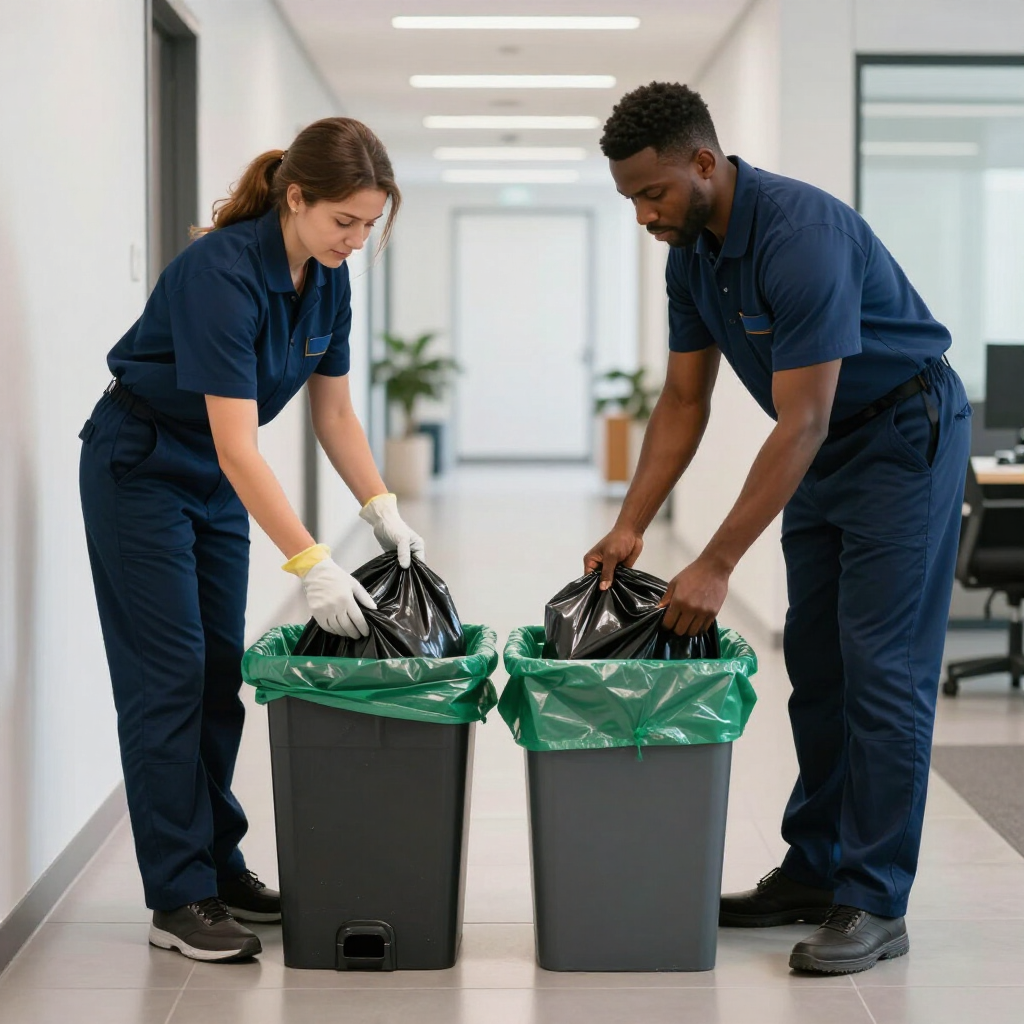 Two janitors in navy uniforms emptying black trash bags into gray bins in a bright hallway