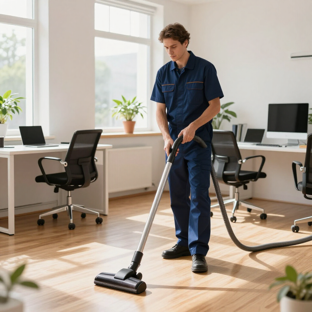 Office cleaner vacuuming a bright, modern workspace with desks and chairs