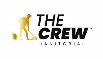The Crew Janitorial logo with a gold cleaner silhouette beside bold black text