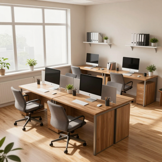 Bright modern office with wooden desks, computers, and large sunlit windows