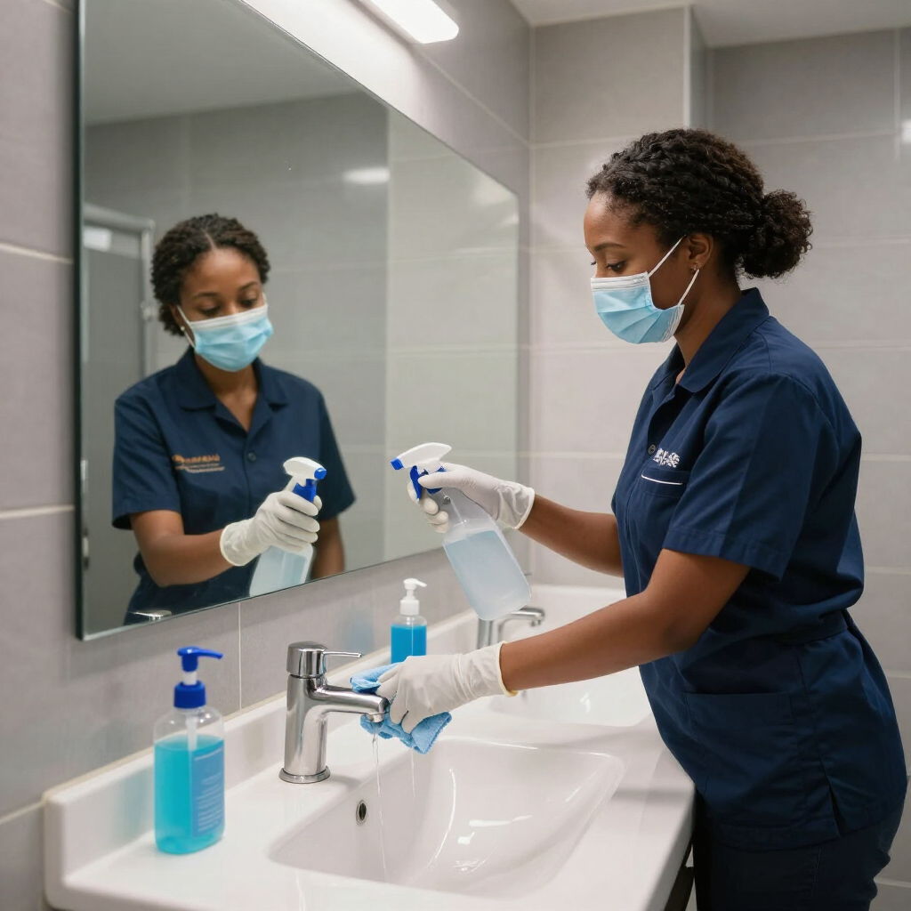 Person cleaning a bathroom sink and mirror with spray bottle, wearing gloves and a face mask.
