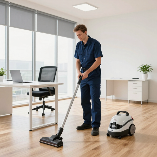 Worker vacuuming a bright office beside a desk, with a robot vacuum on the floor