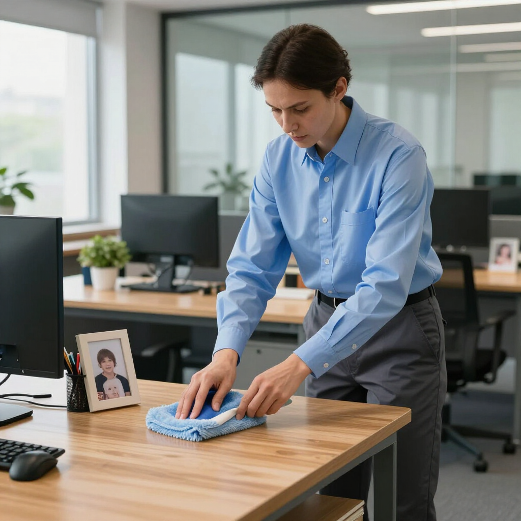 Man wiping a wooden office desk with a blue cloth in a modern workspace
