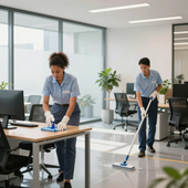 Two janitors cleaning an office with a mop and cloth, desks and chairs in the background.