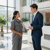 Two coworkers in a bright lobby discussing a clipboard checklist.