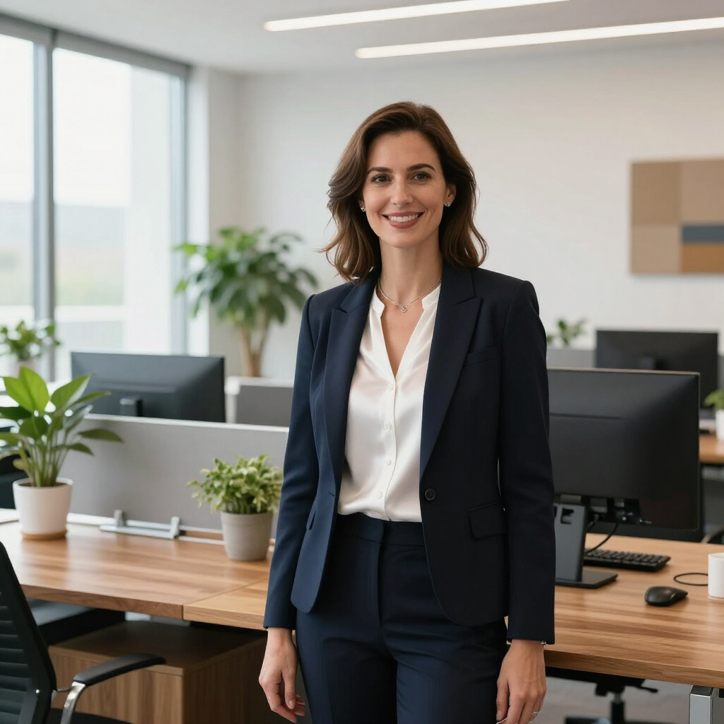 Professional woman in a navy suit standing in a bright modern office with desks and computers.