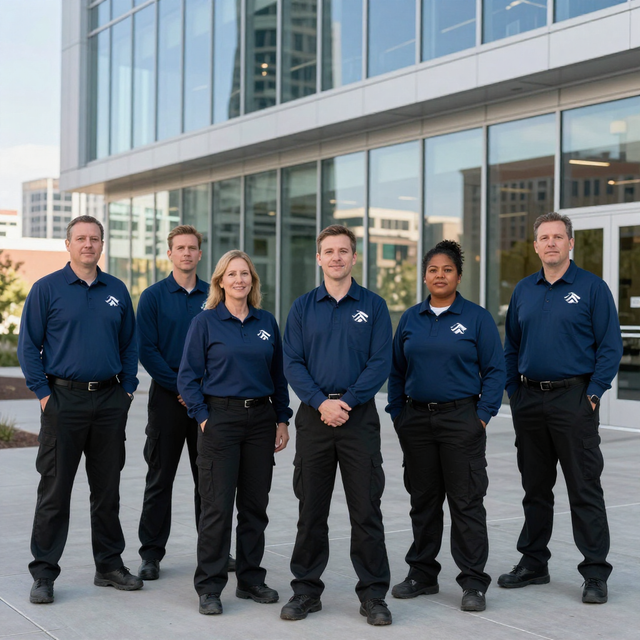 Six uniformed team members standing outside a modern glass building.